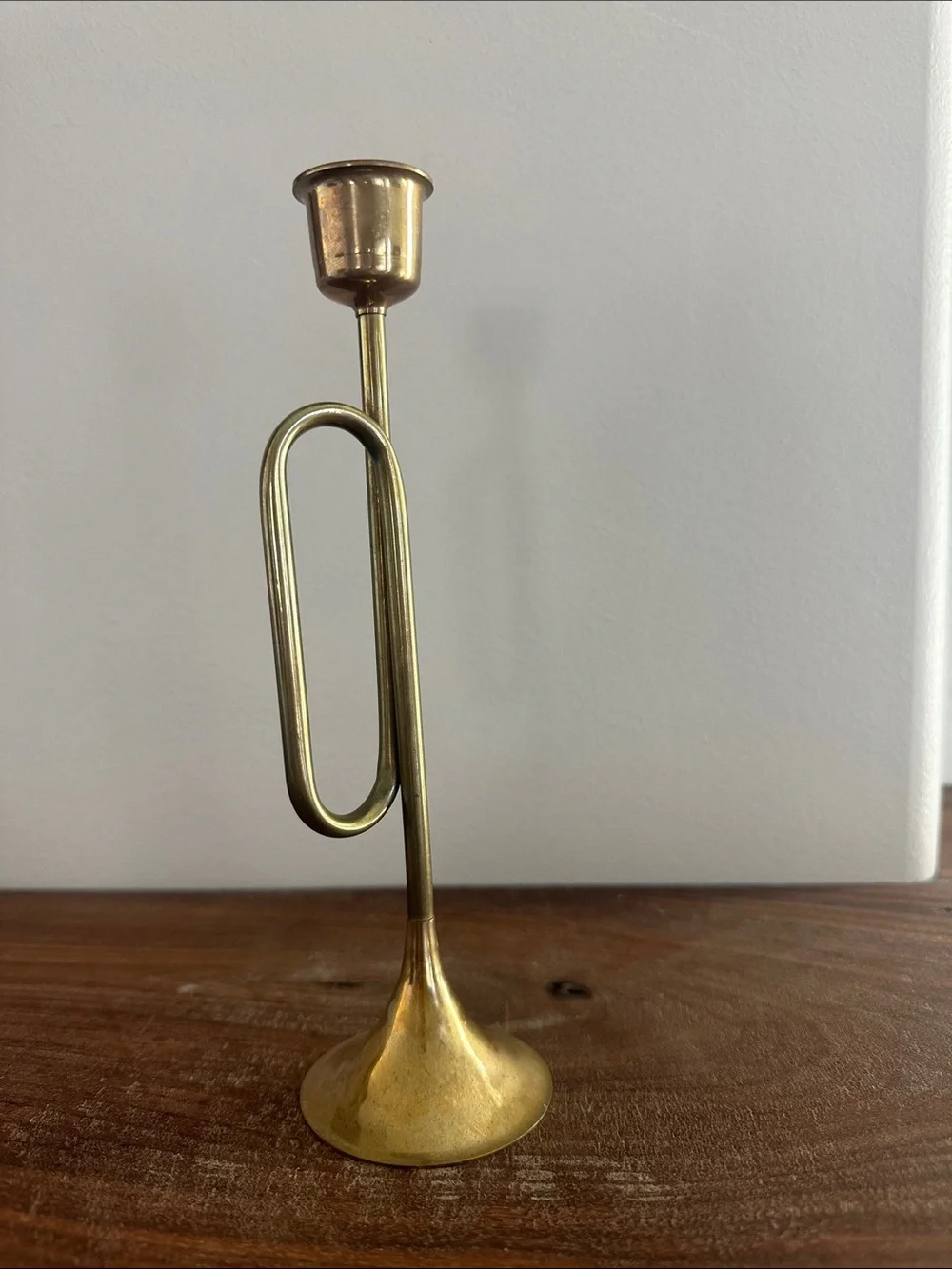 Vintage Brass Bugle Trumpet Taper Candle Holder - Solid Brass - 8”